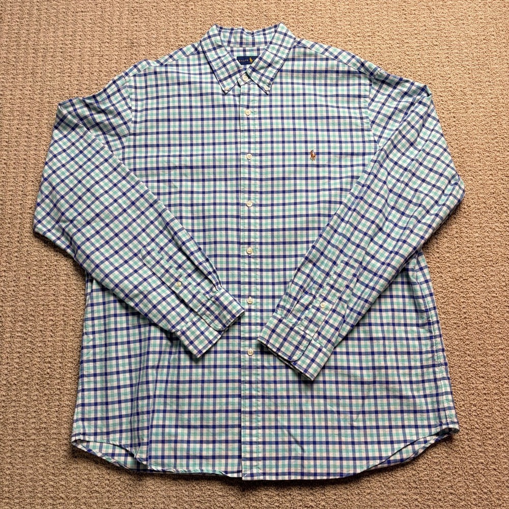Ralph Lauren Mens XXL Gingham Plaid Button Down Shirt Blue Green Oxford Cotton